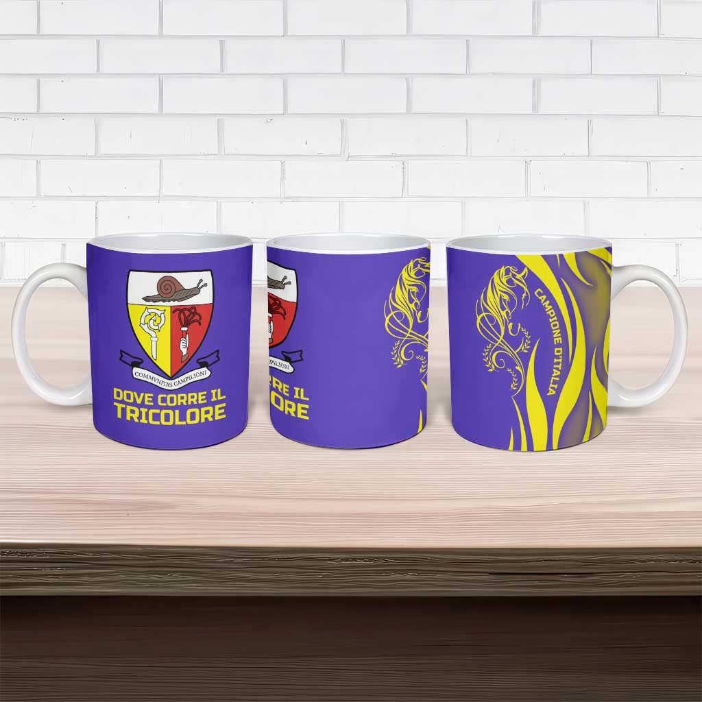 Campione d’Italia Ceramic Mug with Yellow Horse Graphic and Purple Flame Crest - Wonder Print Shop