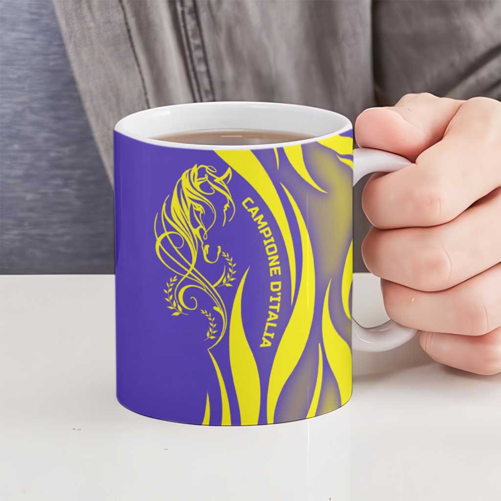 Campione d’Italia Ceramic Mug with Yellow Horse Graphic and Purple Flame Crest - Wonder Print Shop