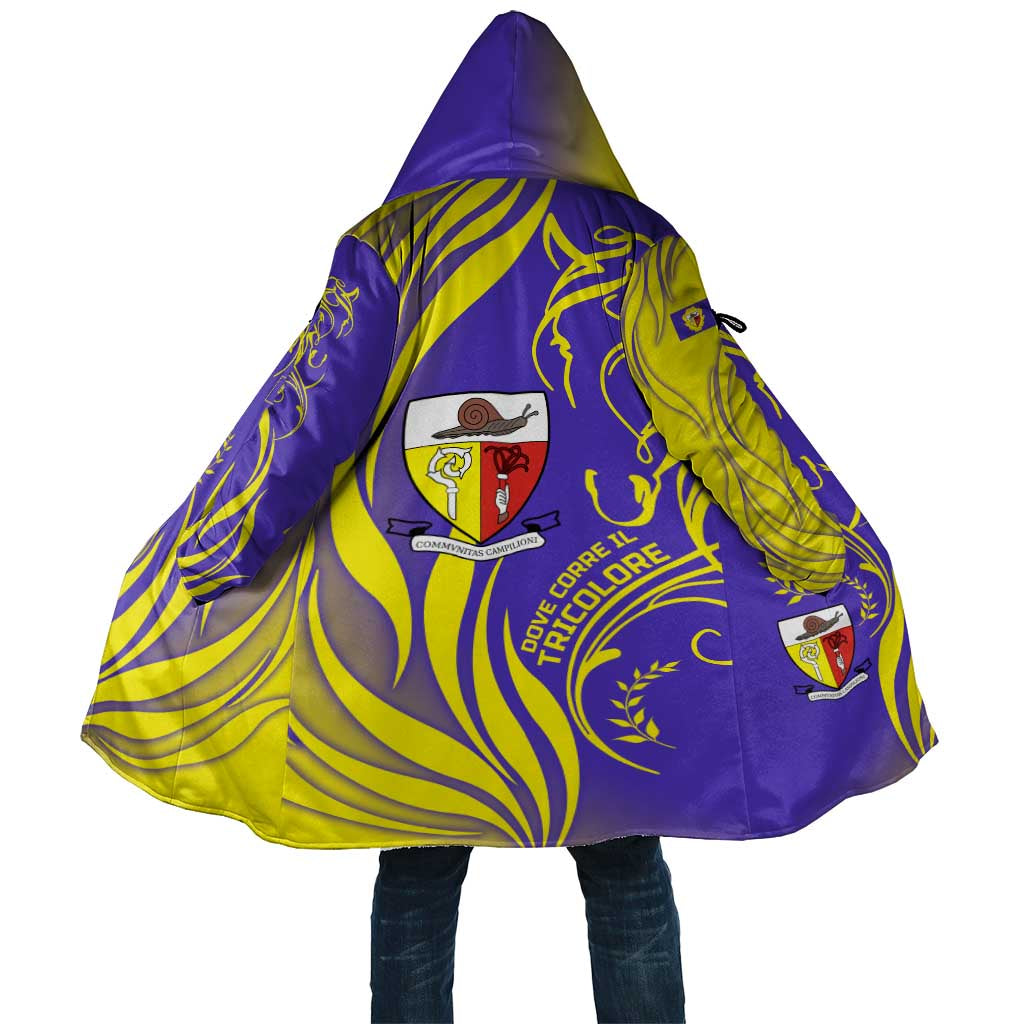 Campione d’Italia Cloak with Yellow Horse Graphic and Purple Flame Crest - Wonder Print Shop