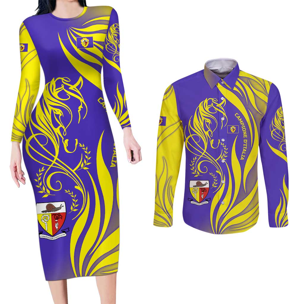 Campione d’Italia Couples Matching Long Sleeve Bodycon Dress and Long Sleeve Button Shirt with Yellow Horse Graphic and Purple Flame Crest - Wonder Print Shop