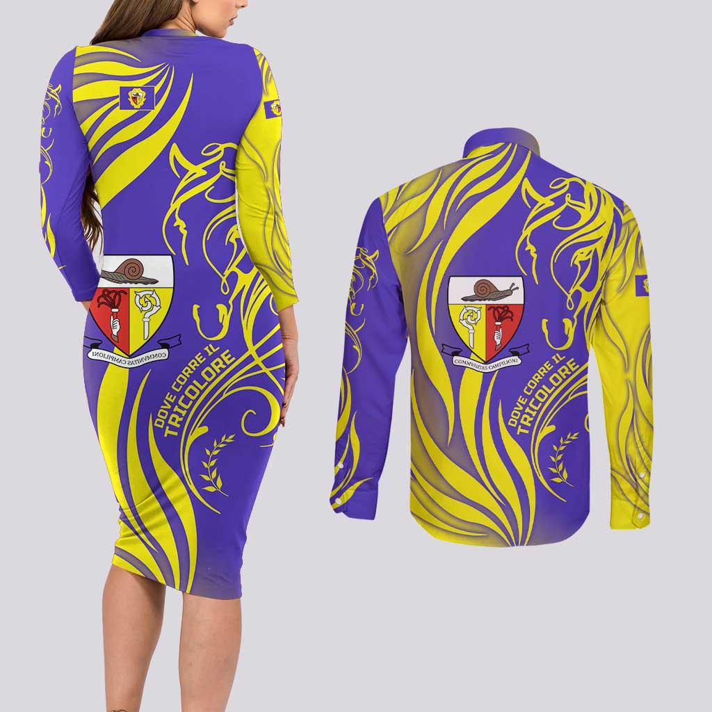 Campione d’Italia Couples Matching Long Sleeve Bodycon Dress and Long Sleeve Button Shirt with Yellow Horse Graphic and Purple Flame Crest - Wonder Print Shop