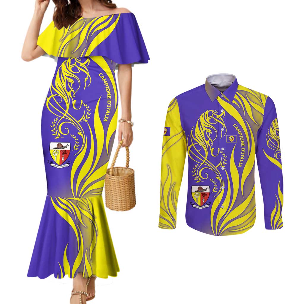 Campione d’Italia Couples Matching Mermaid Dress and Long Sleeve Button Shirt with Yellow Horse Graphic and Purple Flame Crest - Wonder Print Shop