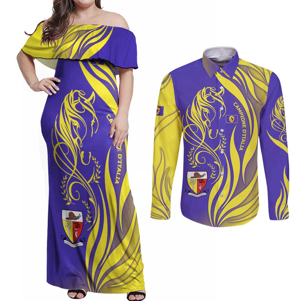Campione d’Italia Couples Matching Off Shoulder Maxi Dress and Long Sleeve Button Shirt with Yellow Horse Graphic and Purple Flame Crest - Wonder Print Shop