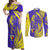 Campione d’Italia Couples Matching Off Shoulder Maxi Dress and Long Sleeve Button Shirt with Yellow Horse Graphic and Purple Flame Crest - Wonder Print Shop