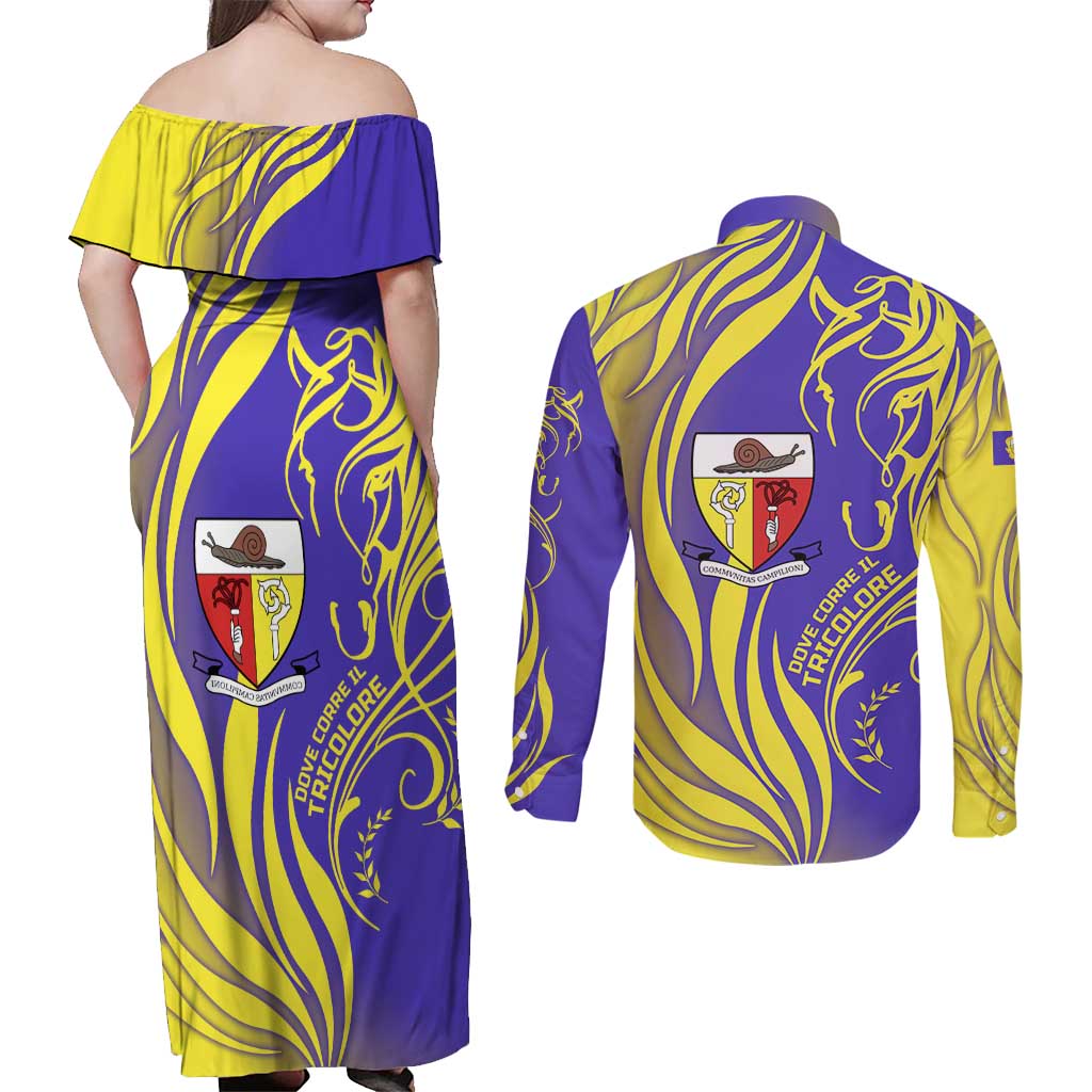 Campione d’Italia Couples Matching Off Shoulder Maxi Dress and Long Sleeve Button Shirt with Yellow Horse Graphic and Purple Flame Crest - Wonder Print Shop