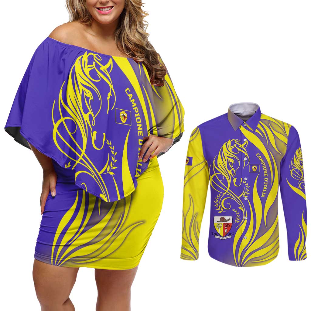 Campione d’Italia Couples Matching Off Shoulder Short Dress and Long Sleeve Button Shirt with Yellow Horse Graphic and Purple Flame Crest - Wonder Print Shop