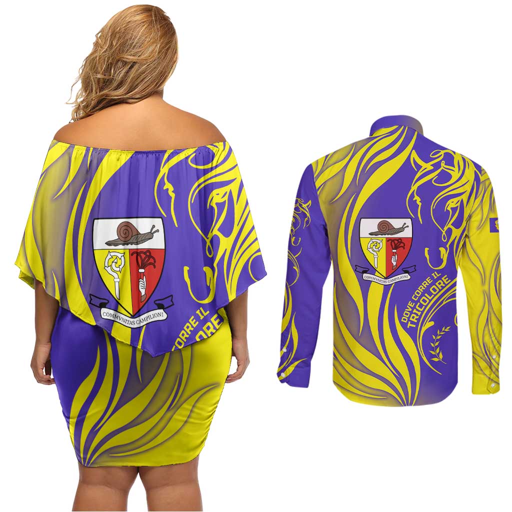 Campione d’Italia Couples Matching Off Shoulder Short Dress and Long Sleeve Button Shirt with Yellow Horse Graphic and Purple Flame Crest - Wonder Print Shop
