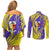 Campione d’Italia Couples Matching Off Shoulder Short Dress and Long Sleeve Button Shirt with Yellow Horse Graphic and Purple Flame Crest - Wonder Print Shop