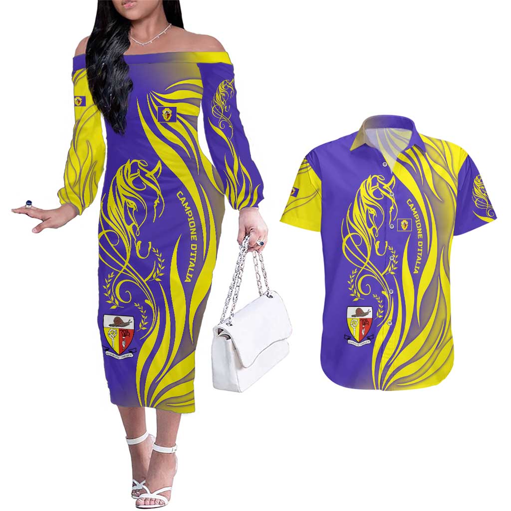 Campione d’Italia Couples Matching Off The Shoulder Long Sleeve Dress and Hawaiian Shirt with Yellow Horse Graphic and Purple Flame Crest - Wonder Print Shop