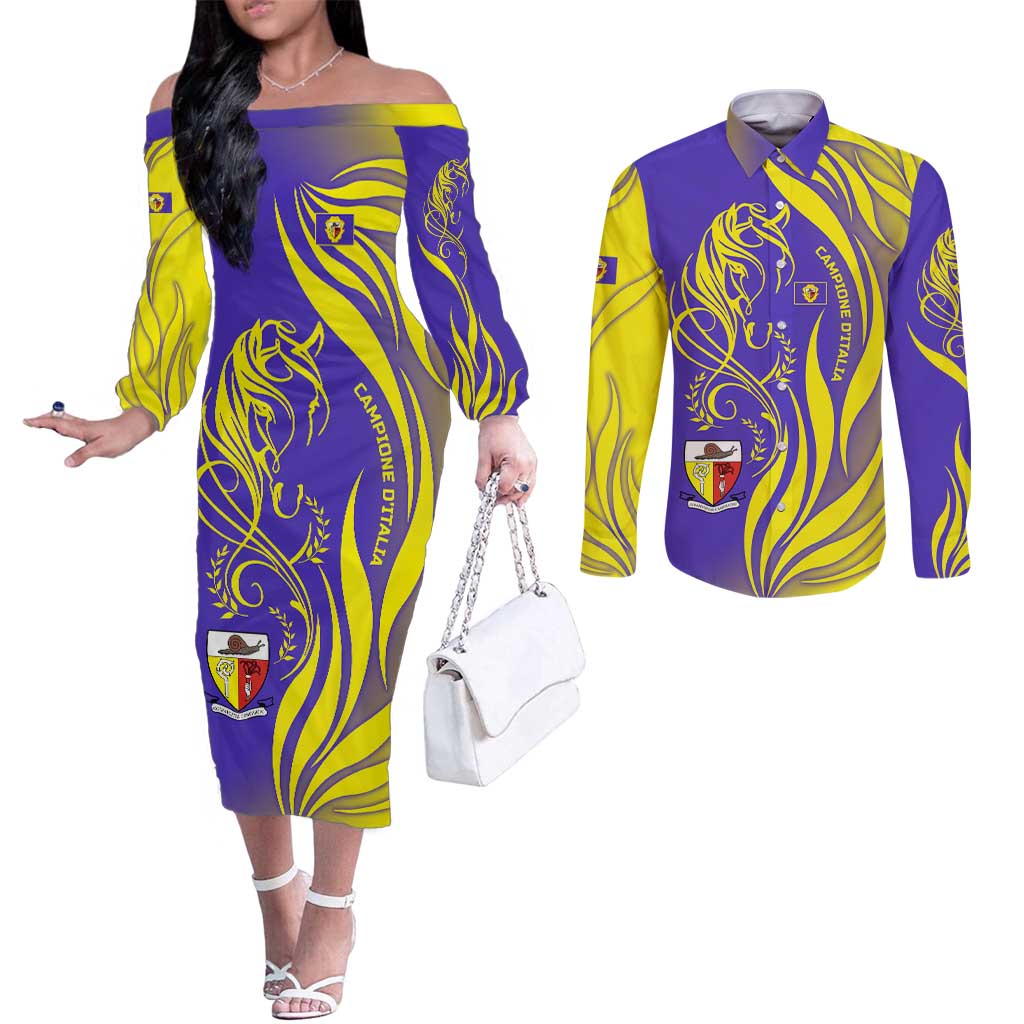 Campione d’Italia Couples Matching Off The Shoulder Long Sleeve Dress and Long Sleeve Button Shirt with Yellow Horse Graphic and Purple Flame Crest - Wonder Print Shop
