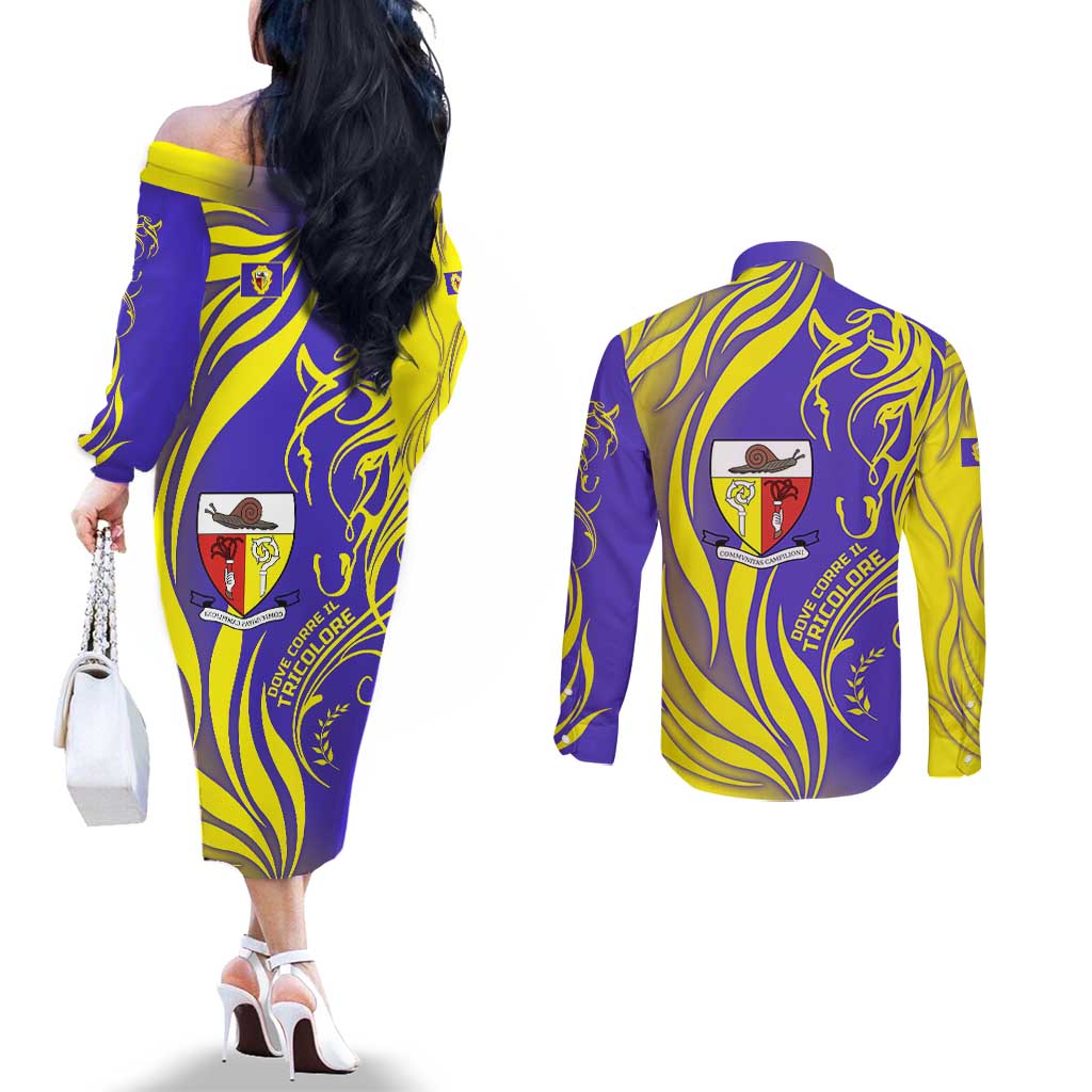 Campione d’Italia Couples Matching Off The Shoulder Long Sleeve Dress and Long Sleeve Button Shirt with Yellow Horse Graphic and Purple Flame Crest - Wonder Print Shop