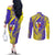 Campione d’Italia Couples Matching Off The Shoulder Long Sleeve Dress and Long Sleeve Button Shirt with Yellow Horse Graphic and Purple Flame Crest - Wonder Print Shop