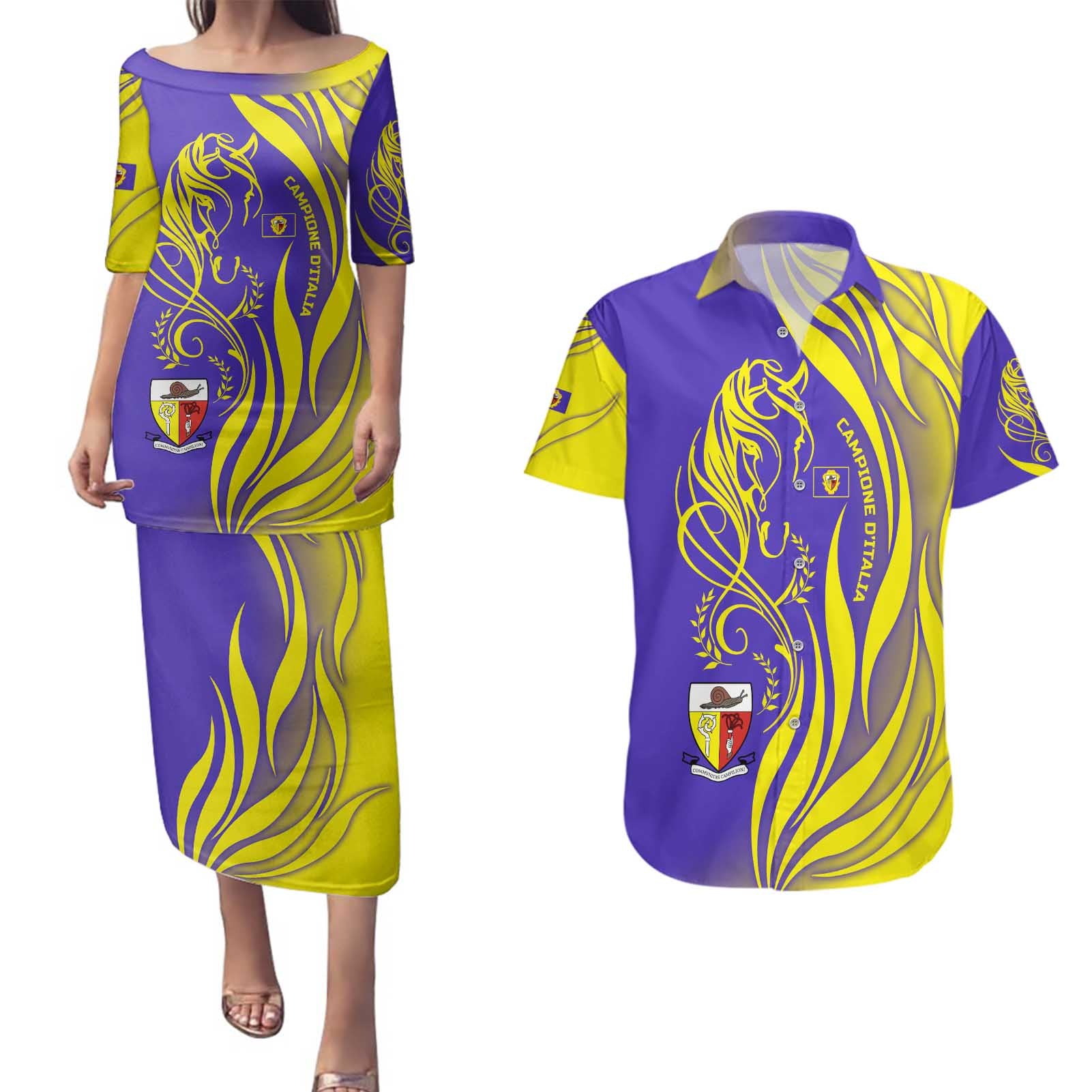 Campione d’Italia Couples Matching Puletasi and Hawaiian Shirt with Yellow Horse Graphic and Purple Flame Crest - Wonder Print Shop