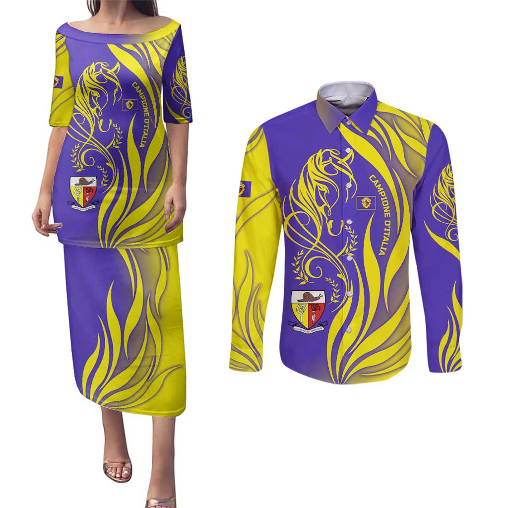Campione d’Italia Couples Matching Puletasi and Long Sleeve Button Shirt with Yellow Horse Graphic and Purple Flame Crest - Wonder Print Shop