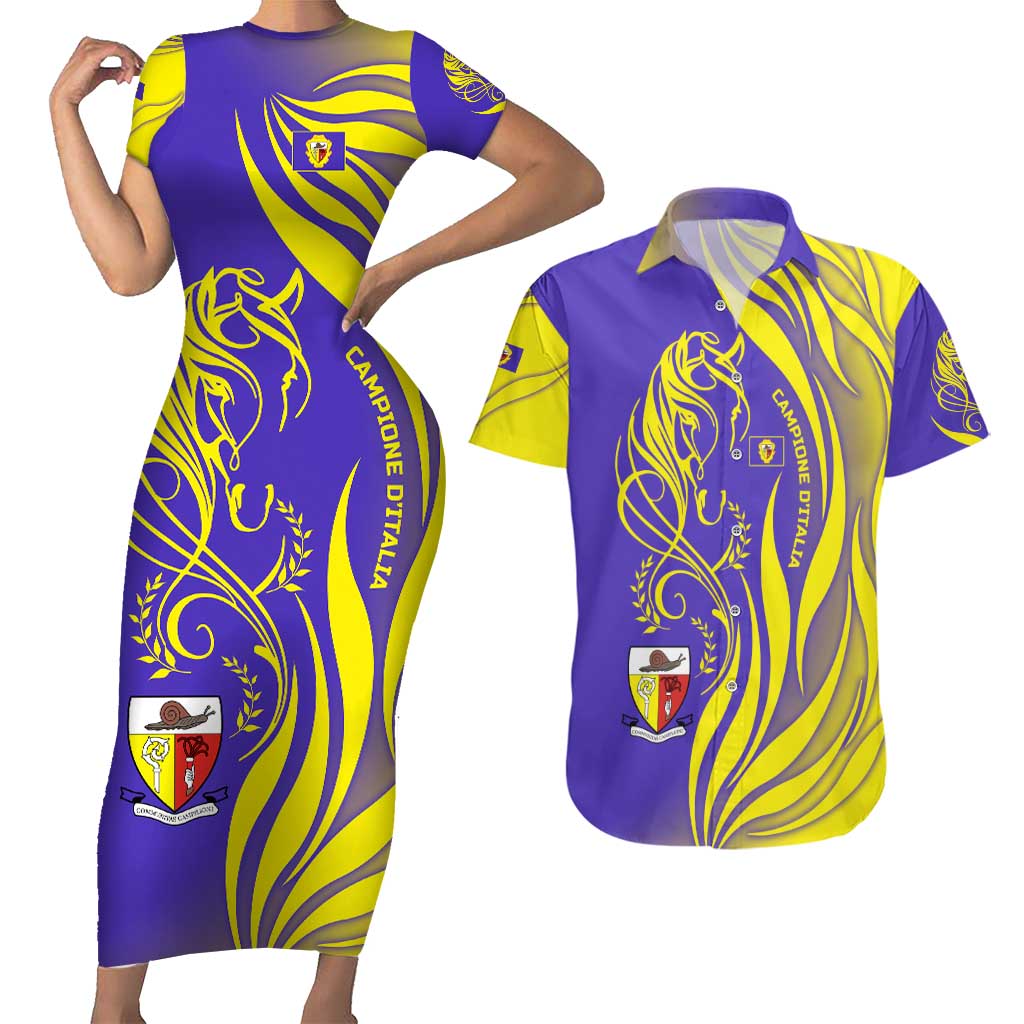 Campione d’Italia Couples Matching Short Sleeve Bodycon Dress and Hawaiian Shirt with Yellow Horse Graphic and Purple Flame Crest - Wonder Print Shop