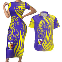 Campione d’Italia Couples Matching Short Sleeve Bodycon Dress and Hawaiian Shirt with Yellow Horse Graphic and Purple Flame Crest - Wonder Print Shop