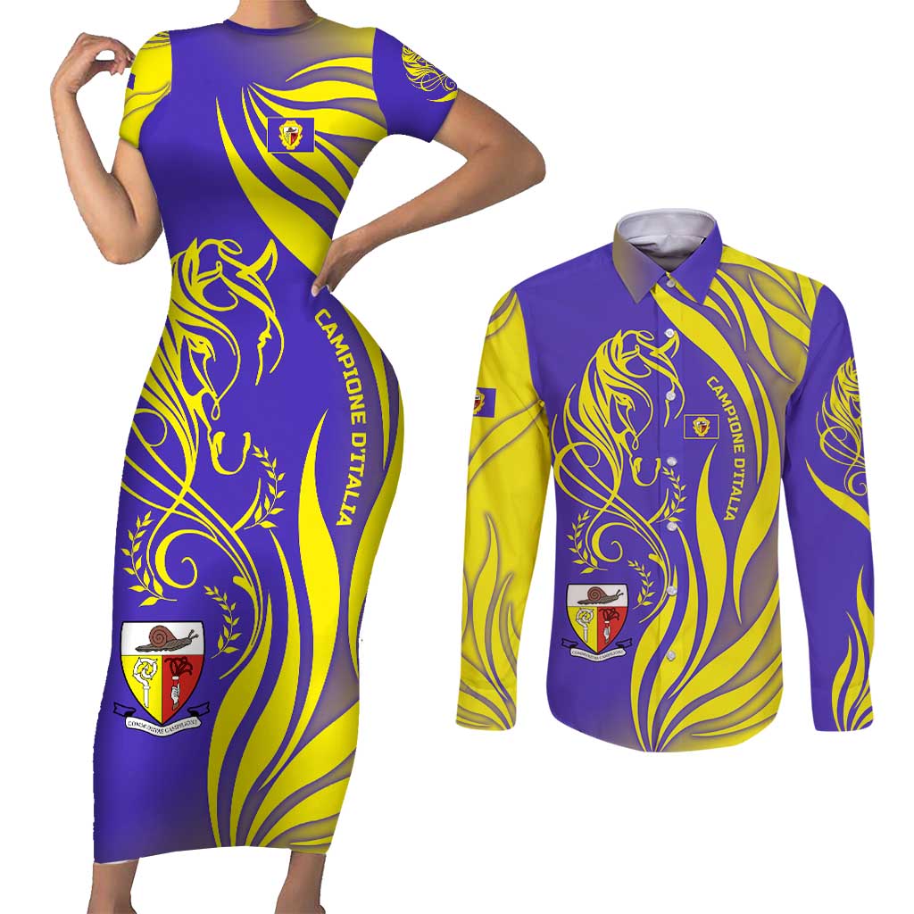 Campione d’Italia Couples Matching Short Sleeve Bodycon Dress and Long Sleeve Button Shirt with Yellow Horse Graphic and Purple Flame Crest - Wonder Print Shop