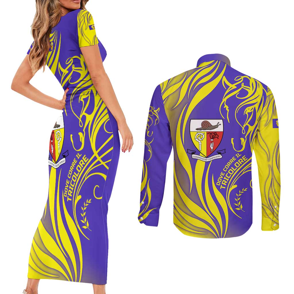 Campione d’Italia Couples Matching Short Sleeve Bodycon Dress and Long Sleeve Button Shirt with Yellow Horse Graphic and Purple Flame Crest - Wonder Print Shop
