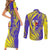Campione d’Italia Couples Matching Short Sleeve Bodycon Dress and Long Sleeve Button Shirt with Yellow Horse Graphic and Purple Flame Crest - Wonder Print Shop