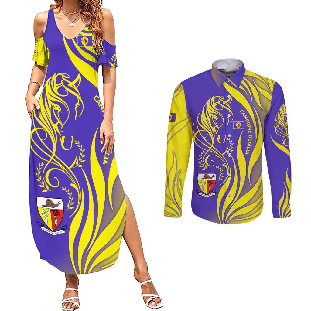 Campione d’Italia Couples Matching Summer Maxi Dress and Long Sleeve Button Shirt with Yellow Horse Graphic and Purple Flame Crest - Wonder Print Shop