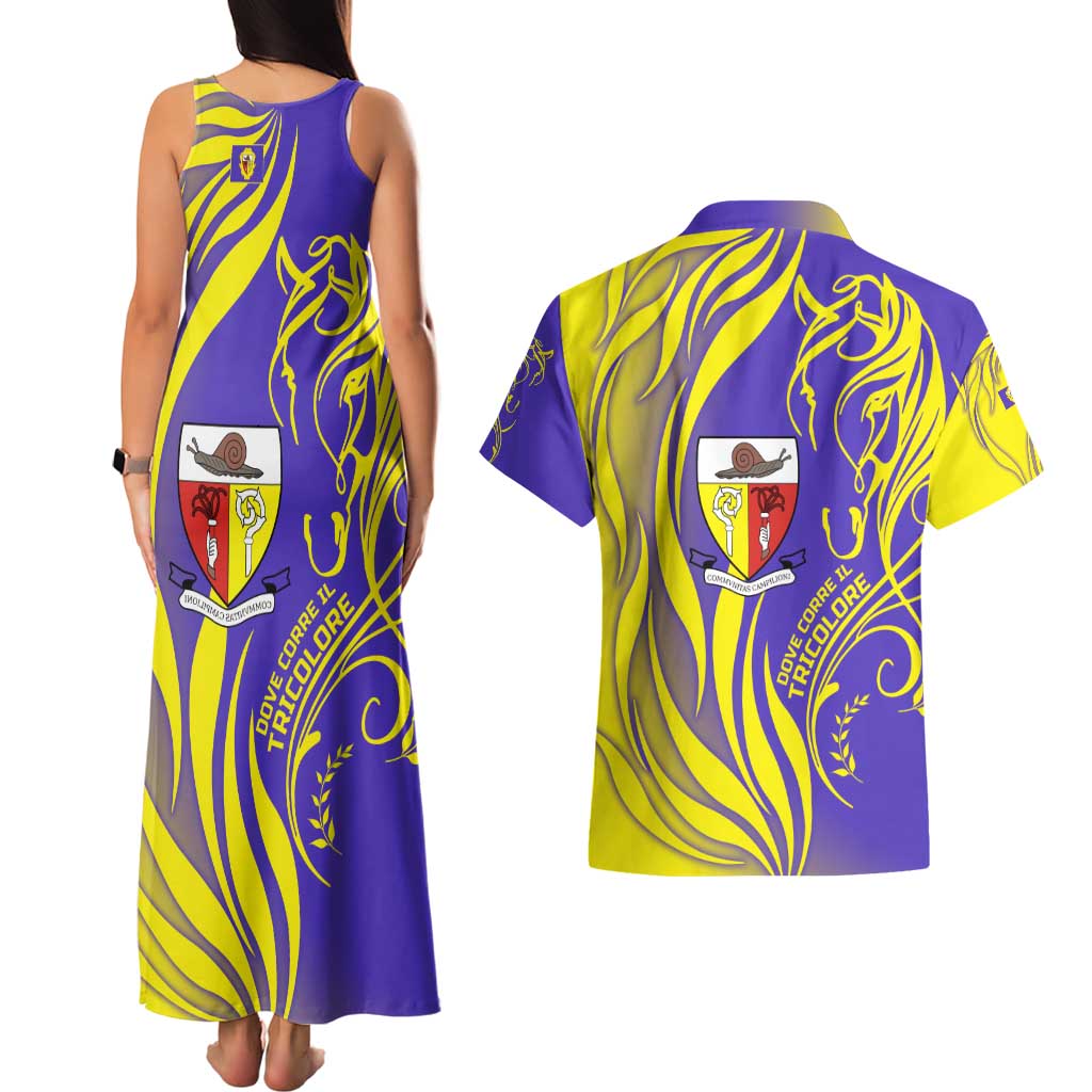 Campione d’Italia Couples Matching Tank Maxi Dress and Hawaiian Shirt with Yellow Horse Graphic and Purple Flame Crest - Wonder Print Shop