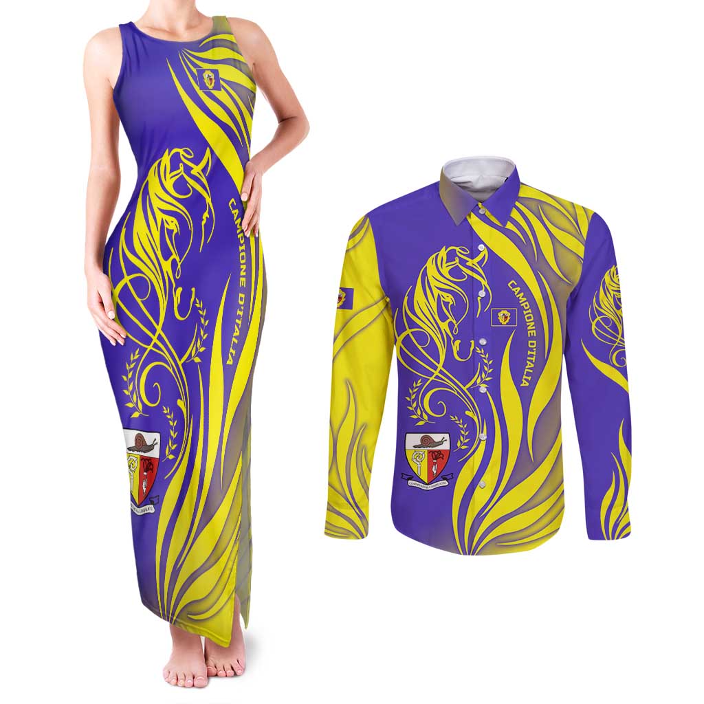 Campione d’Italia Couples Matching Tank Maxi Dress and Long Sleeve Button Shirt with Yellow Horse Graphic and Purple Flame Crest - Wonder Print Shop