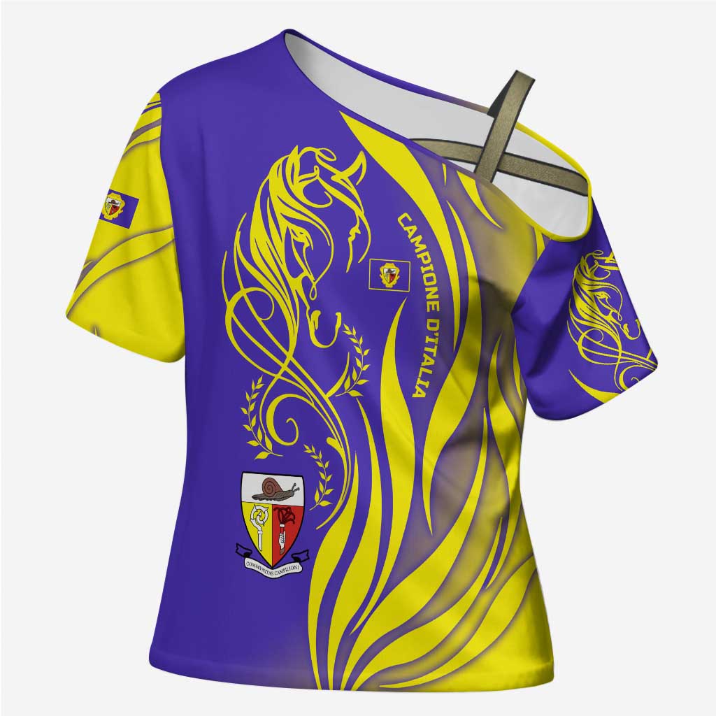 Campione d’Italia Cross Shoulder Shirt with Yellow Horse Graphic and Purple Flame Crest - Wonder Print Shop