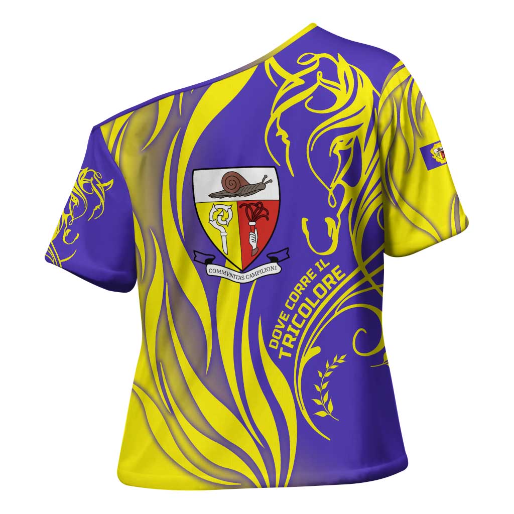 Campione d’Italia Cross Shoulder Shirt with Yellow Horse Graphic and Purple Flame Crest - Wonder Print Shop