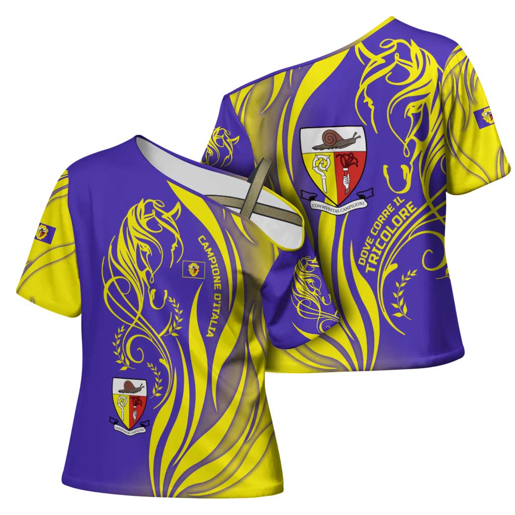 Campione d’Italia Cross Shoulder Shirt with Yellow Horse Graphic and Purple Flame Crest - Wonder Print Shop