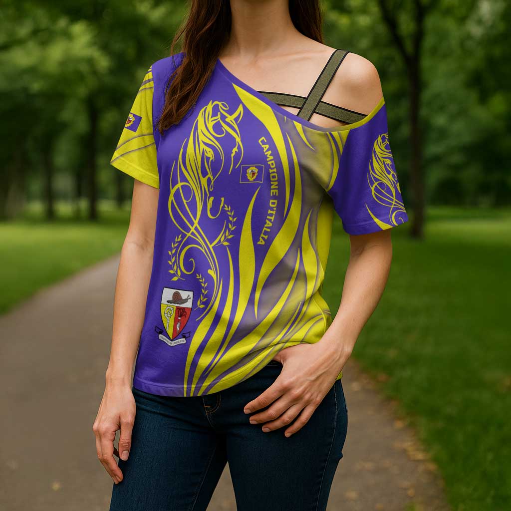 Campione d’Italia Cross Shoulder Shirt with Yellow Horse Graphic and Purple Flame Crest - Wonder Print Shop