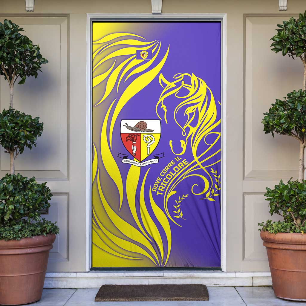 Campione d’Italia Door Cover with Yellow Horse Graphic and Purple Flame Crest - Wonder Print Shop