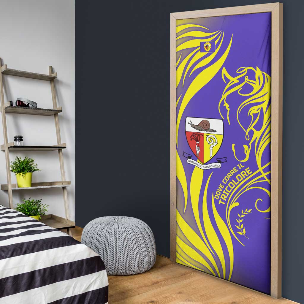 Campione d’Italia Door Cover with Yellow Horse Graphic and Purple Flame Crest - Wonder Print Shop