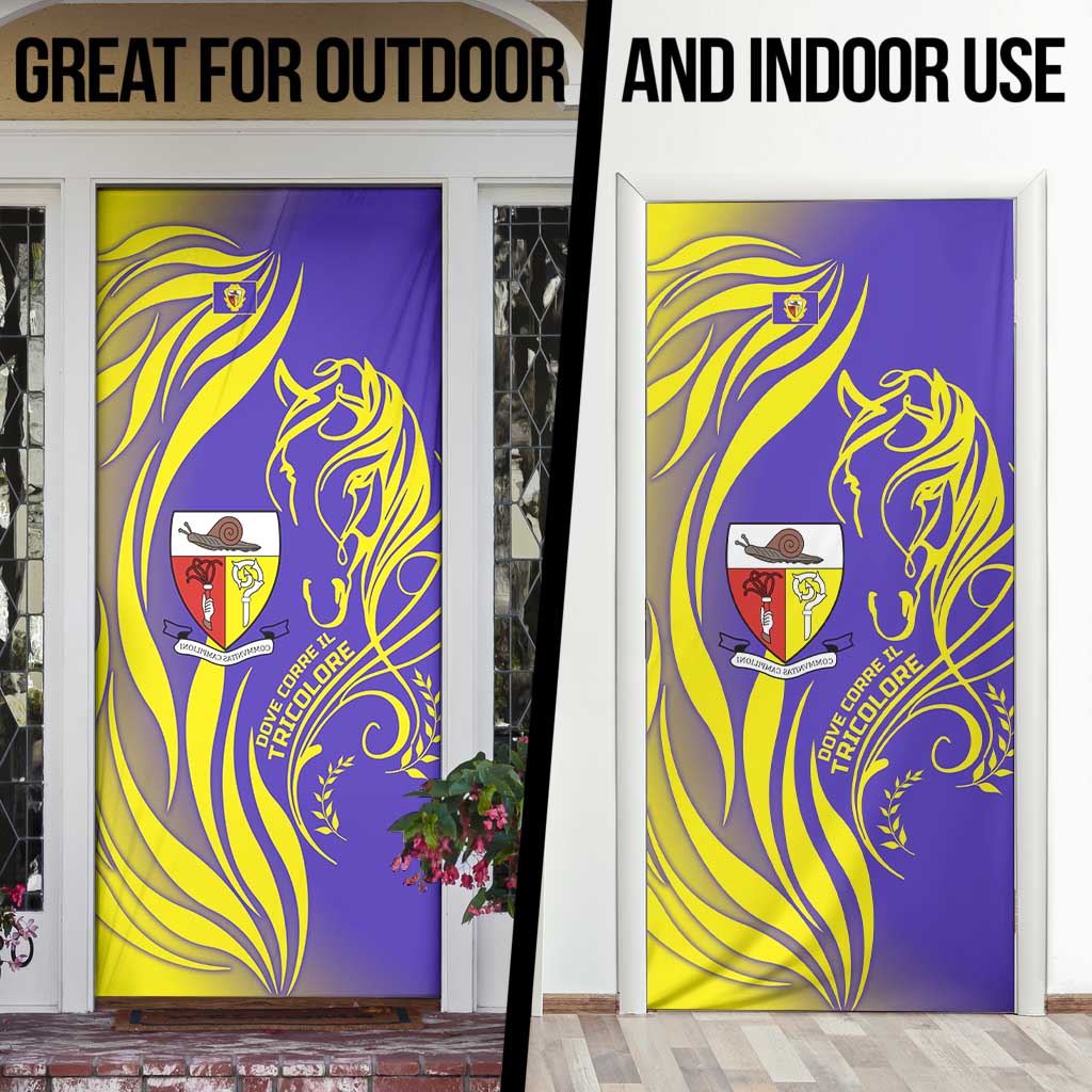 Campione d’Italia Door Cover with Yellow Horse Graphic and Purple Flame Crest - Wonder Print Shop