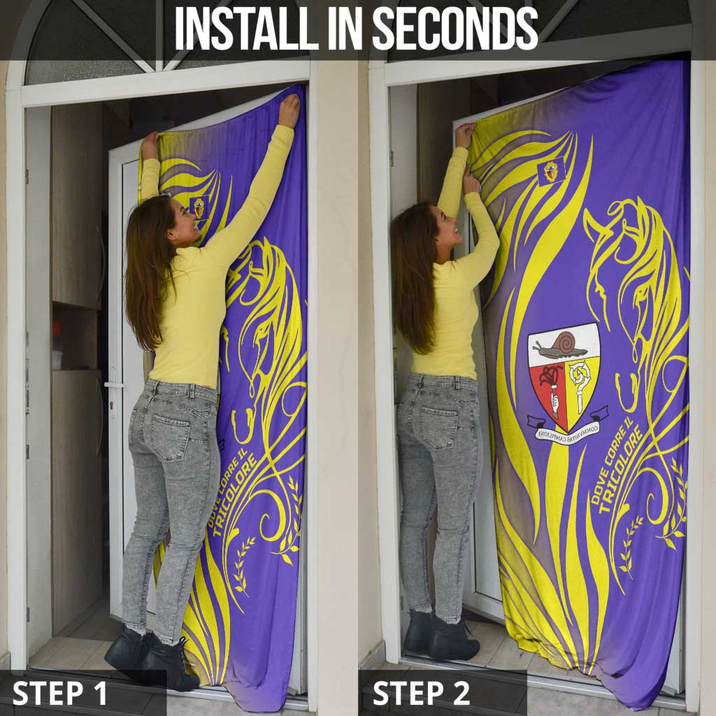 Campione d’Italia Door Cover with Yellow Horse Graphic and Purple Flame Crest - Wonder Print Shop