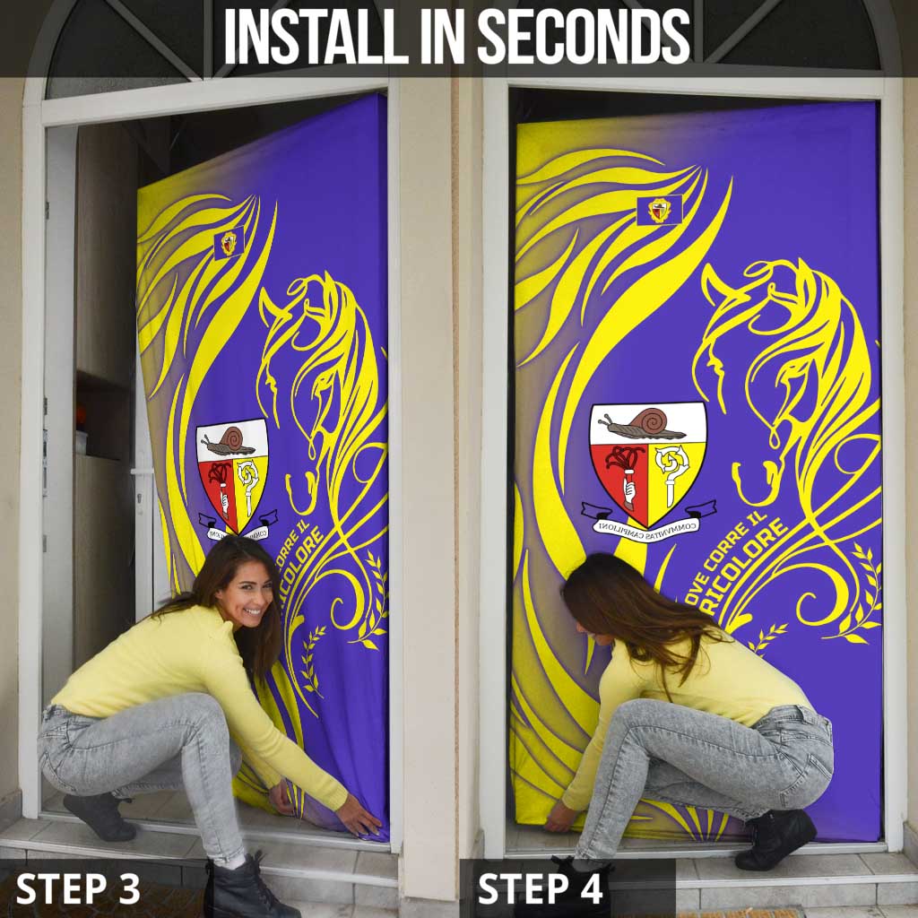 Campione d’Italia Door Cover with Yellow Horse Graphic and Purple Flame Crest - Wonder Print Shop