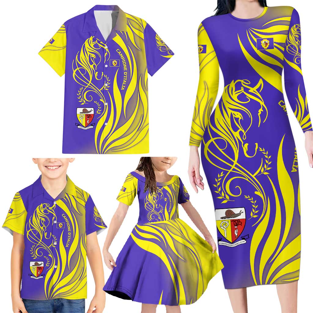 Campione d’Italia Family Matching Long Sleeve Bodycon Dress and Hawaiian Shirt with Yellow Horse Graphic and Purple Flame Crest - Wonder Print Shop