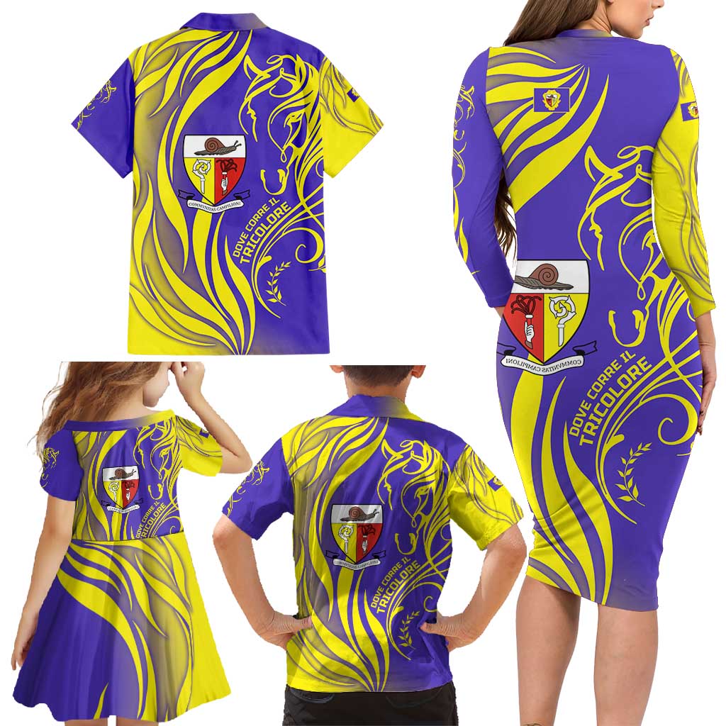 Campione d’Italia Family Matching Long Sleeve Bodycon Dress and Hawaiian Shirt with Yellow Horse Graphic and Purple Flame Crest - Wonder Print Shop