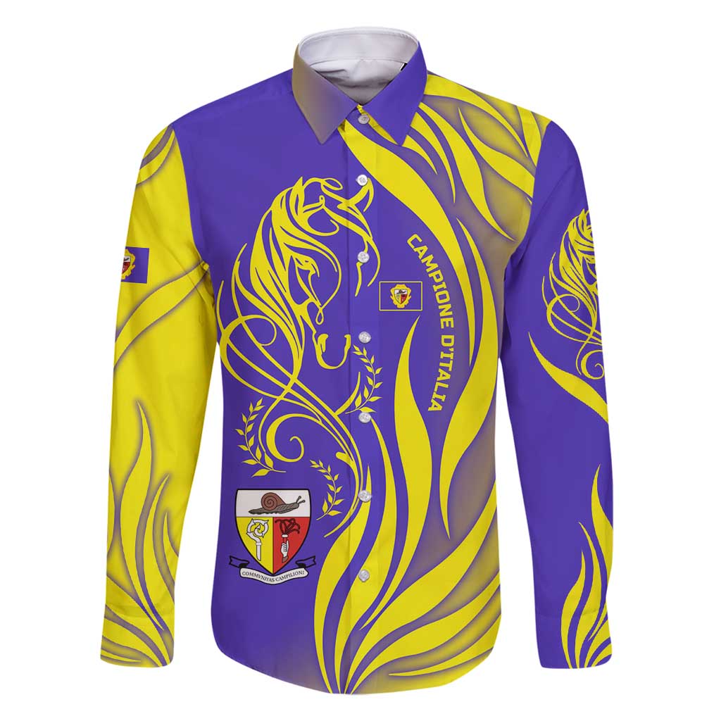 Campione d’Italia Family Matching Long Sleeve Bodycon Dress and Hawaiian Shirt with Yellow Horse Graphic and Purple Flame Crest - Wonder Print Shop