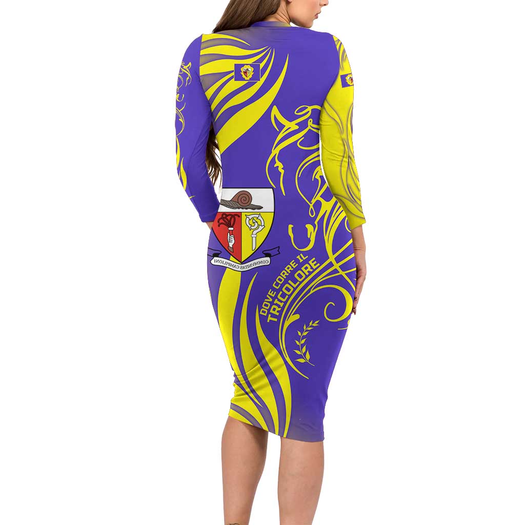 Campione d’Italia Family Matching Long Sleeve Bodycon Dress and Hawaiian Shirt with Yellow Horse Graphic and Purple Flame Crest - Wonder Print Shop
