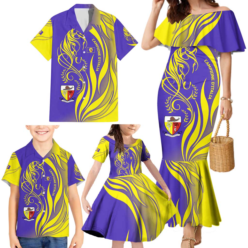Campione d’Italia Family Matching Mermaid Dress and Hawaiian Shirt with Yellow Horse Graphic and Purple Flame Crest - Wonder Print Shop