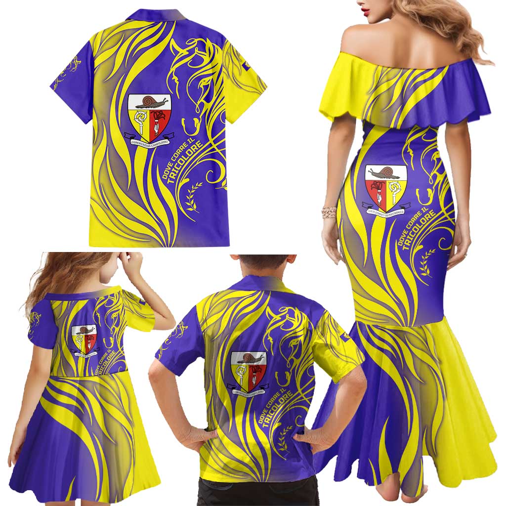 Campione d’Italia Family Matching Mermaid Dress and Hawaiian Shirt with Yellow Horse Graphic and Purple Flame Crest - Wonder Print Shop