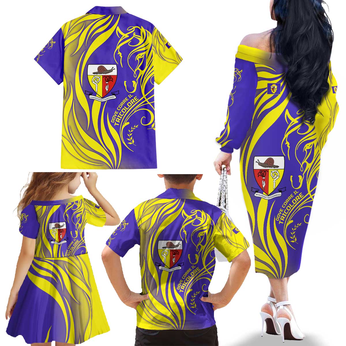 Campione d’Italia Family Matching Off The Shoulder Long Sleeve Dress and Hawaiian Shirt with Yellow Horse Graphic and Purple Flame Crest - Wonder Print Shop