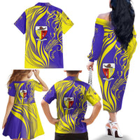 Campione d’Italia Family Matching Off The Shoulder Long Sleeve Dress and Hawaiian Shirt with Yellow Horse Graphic and Purple Flame Crest - Wonder Print Shop