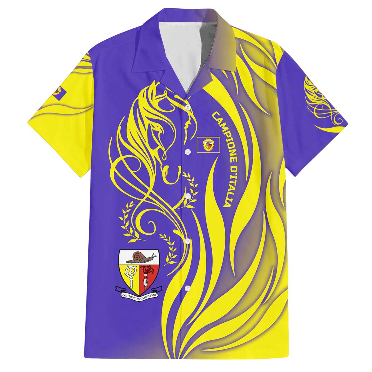 Campione d’Italia Family Matching Off The Shoulder Long Sleeve Dress and Hawaiian Shirt with Yellow Horse Graphic and Purple Flame Crest - Wonder Print Shop