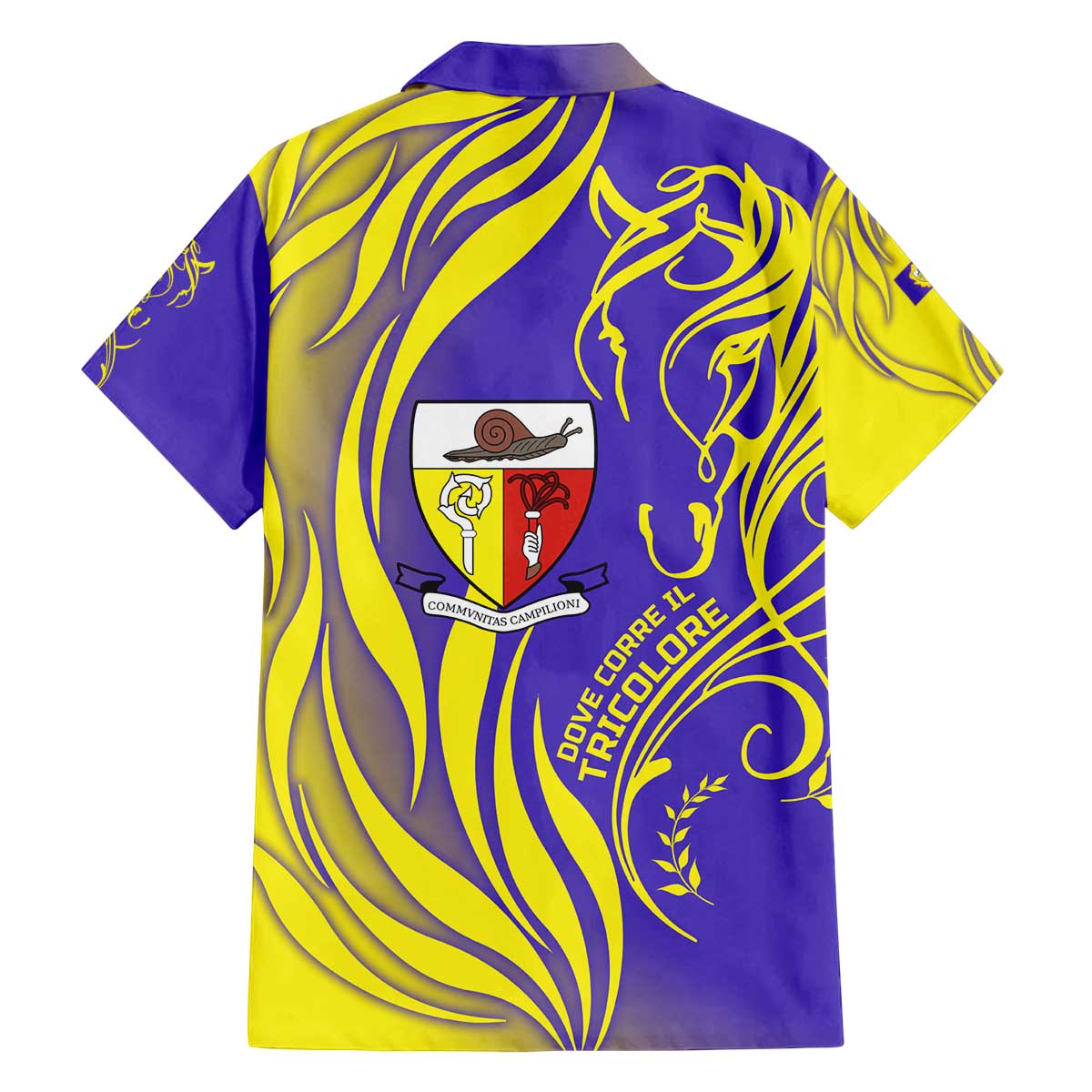 Campione d’Italia Family Matching Off The Shoulder Long Sleeve Dress and Hawaiian Shirt with Yellow Horse Graphic and Purple Flame Crest - Wonder Print Shop