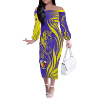 Campione d’Italia Family Matching Off The Shoulder Long Sleeve Dress and Hawaiian Shirt with Yellow Horse Graphic and Purple Flame Crest - Wonder Print Shop