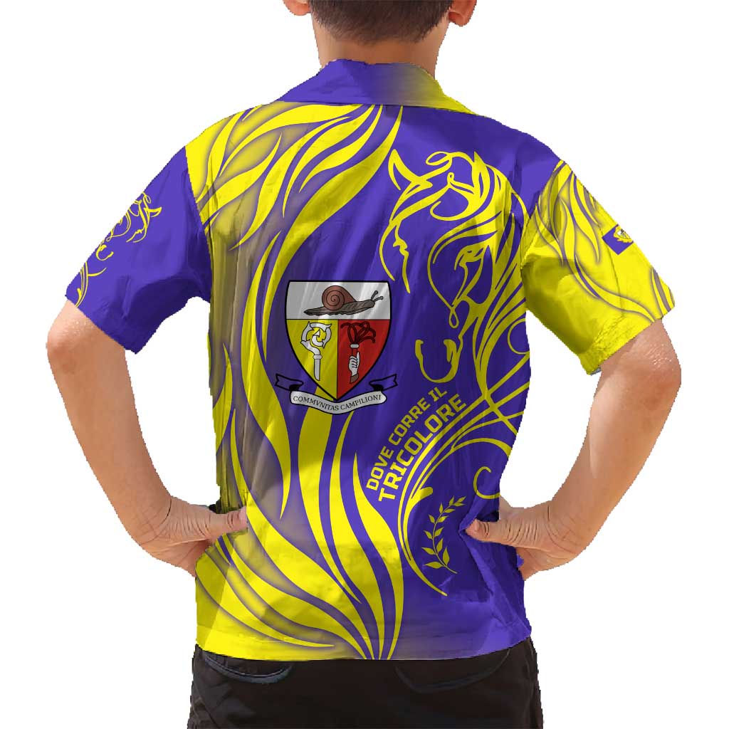 Campione d’Italia Family Matching Off Shoulder Maxi Dress and Hawaiian Shirt with Yellow Horse Graphic and Purple Flame Crest - Wonder Print Shop