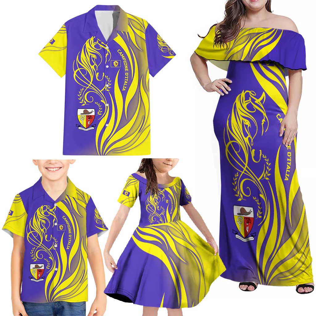 Campione d’Italia Family Matching Off Shoulder Maxi Dress and Hawaiian Shirt with Yellow Horse Graphic and Purple Flame Crest - Wonder Print Shop