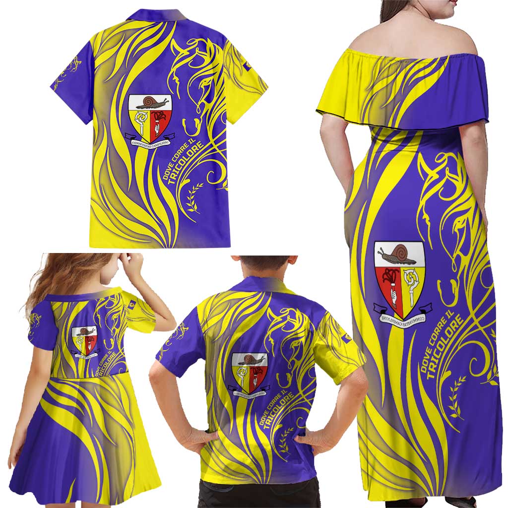 Campione d’Italia Family Matching Off Shoulder Maxi Dress and Hawaiian Shirt with Yellow Horse Graphic and Purple Flame Crest - Wonder Print Shop
