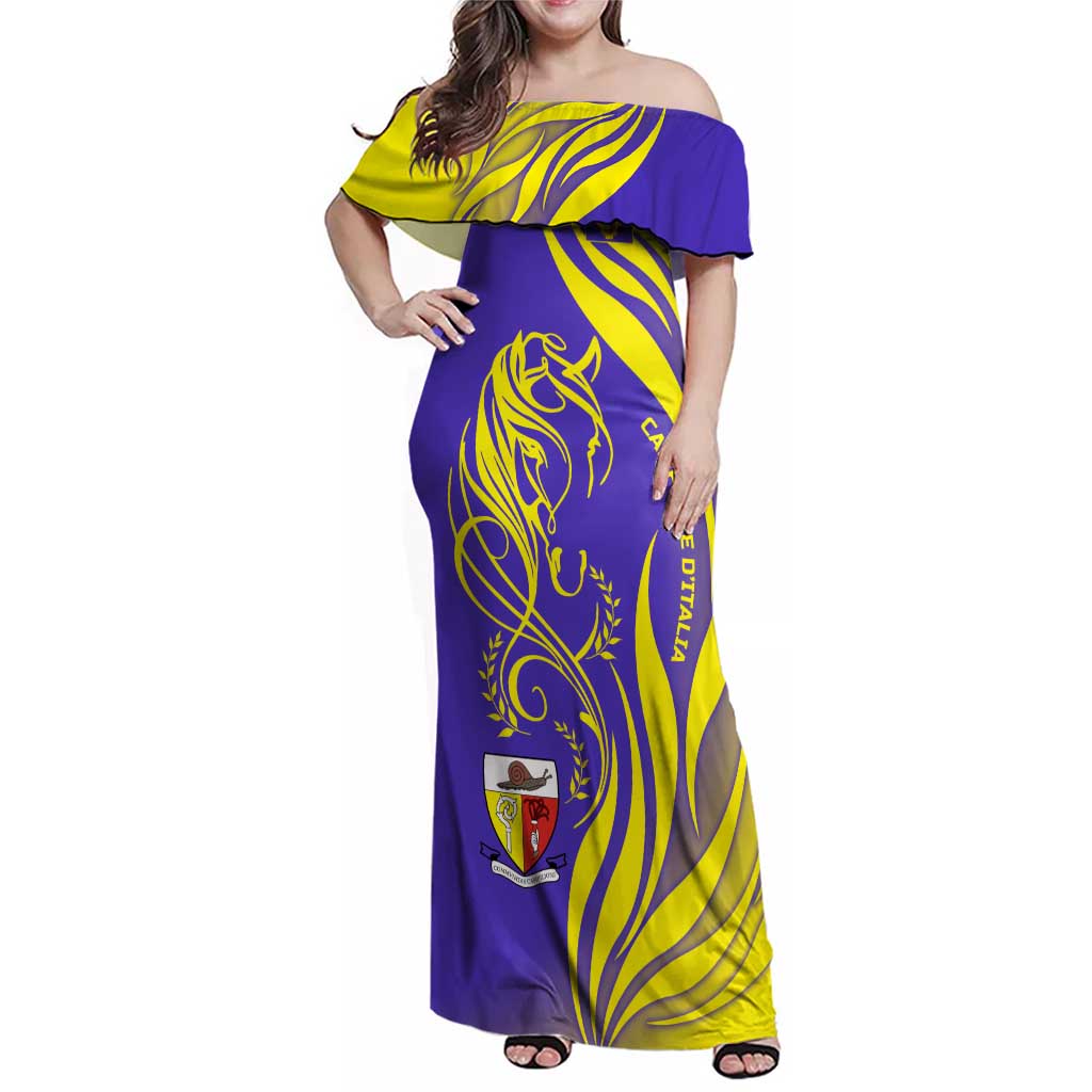 Campione d’Italia Family Matching Off Shoulder Maxi Dress and Hawaiian Shirt with Yellow Horse Graphic and Purple Flame Crest - Wonder Print Shop
